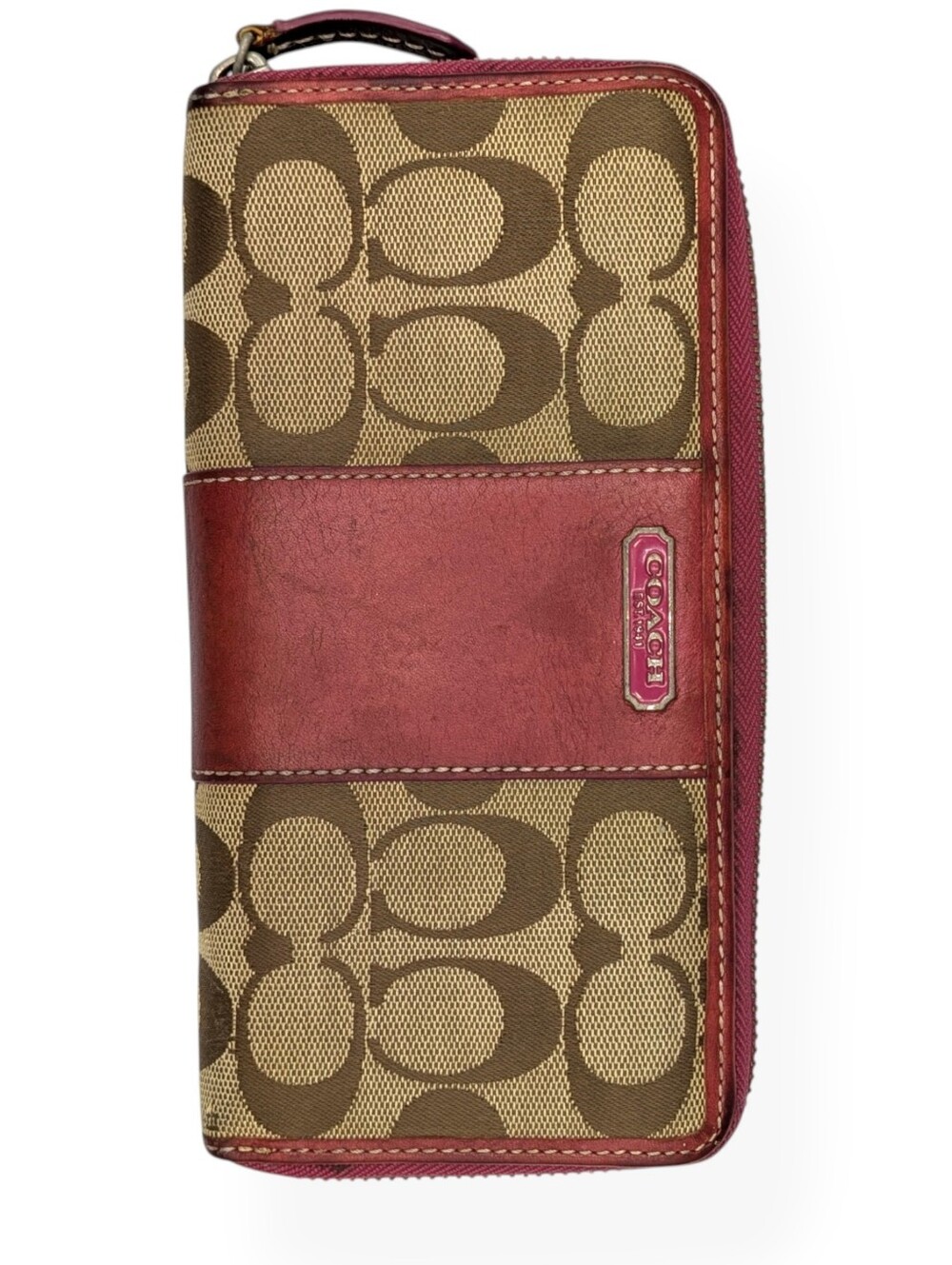 Coach Signature Canvas & Leather Wallet Burgundy Leather Zip Around Continental - Picture 2 of 16